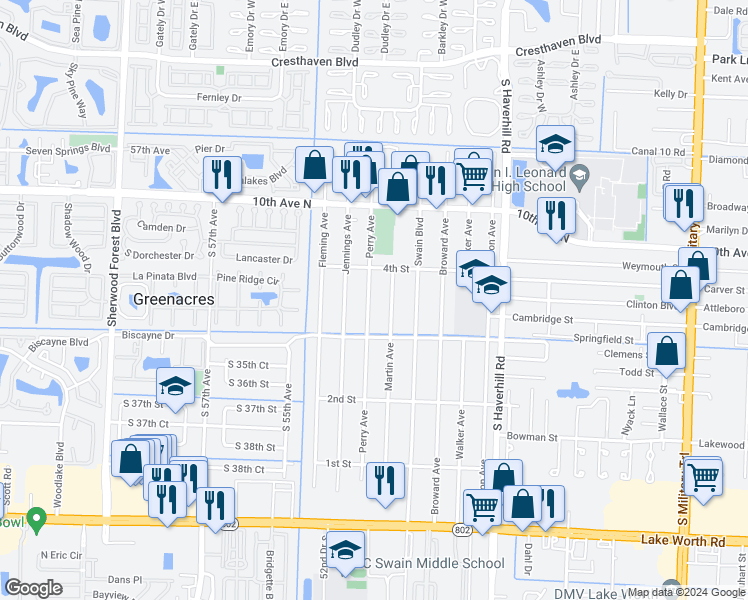 map of restaurants, bars, coffee shops, grocery stores, and more near 432 Perry Avenue in Greenacres