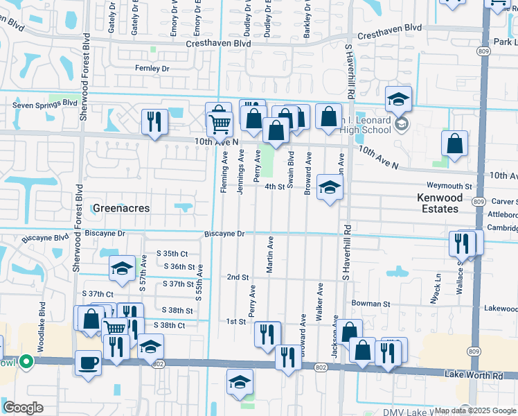 map of restaurants, bars, coffee shops, grocery stores, and more near 446 Perry Avenue in Greenacres