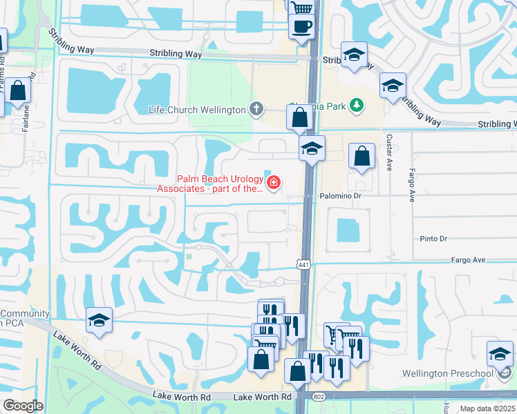map of restaurants, bars, coffee shops, grocery stores, and more near 10306 Wellington Parc Drive in Wellington