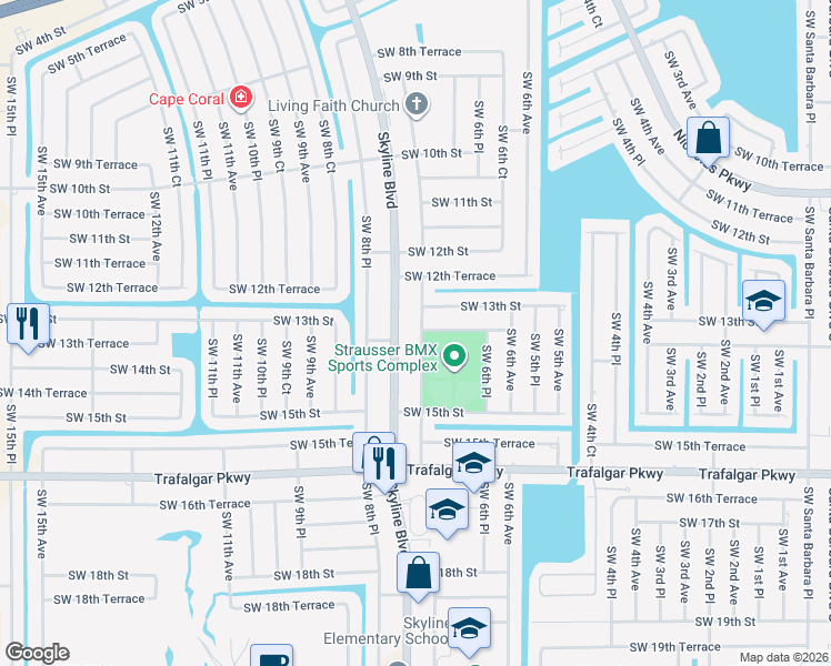 map of restaurants, bars, coffee shops, grocery stores, and more near 1316 Southwest 7th Court in Cape Coral