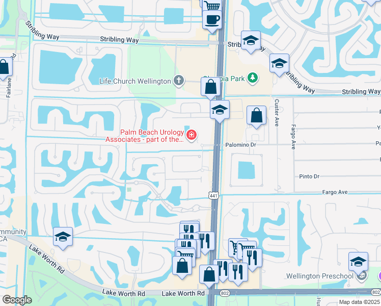 map of restaurants, bars, coffee shops, grocery stores, and more near 10396 Wellington Parc Drive in Wellington
