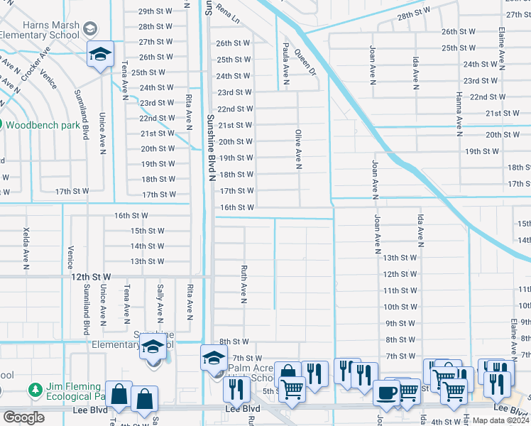 map of restaurants, bars, coffee shops, grocery stores, and more near 3217 16th Street West in Lehigh Acres
