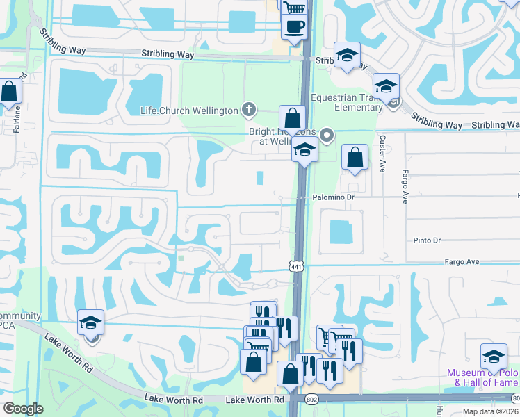 map of restaurants, bars, coffee shops, grocery stores, and more near 10396 Wellington Parc Drive in Wellington