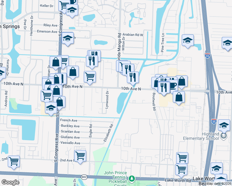 map of restaurants, bars, coffee shops, grocery stores, and more near 2508 10th Avenue North in Lake Worth