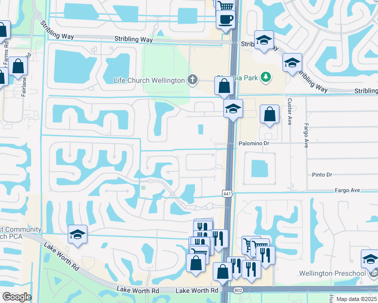 map of restaurants, bars, coffee shops, grocery stores, and more near 10312 Wellington Parc Drive in Wellington