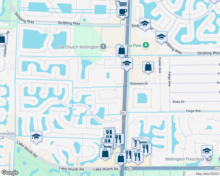 map of restaurants, bars, coffee shops, grocery stores, and more near 10396 Wellington Parc Drive in Wellington