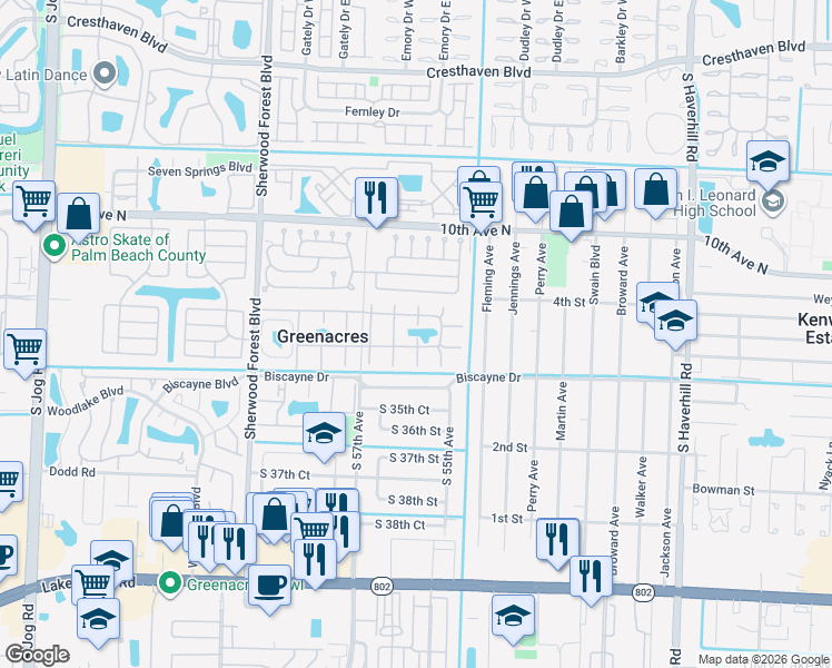 map of restaurants, bars, coffee shops, grocery stores, and more near 340 Pine Ridge Circle in Greenacres