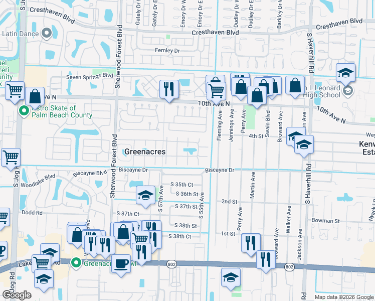 map of restaurants, bars, coffee shops, grocery stores, and more near 340 Pine Ridge Circle in Greenacres