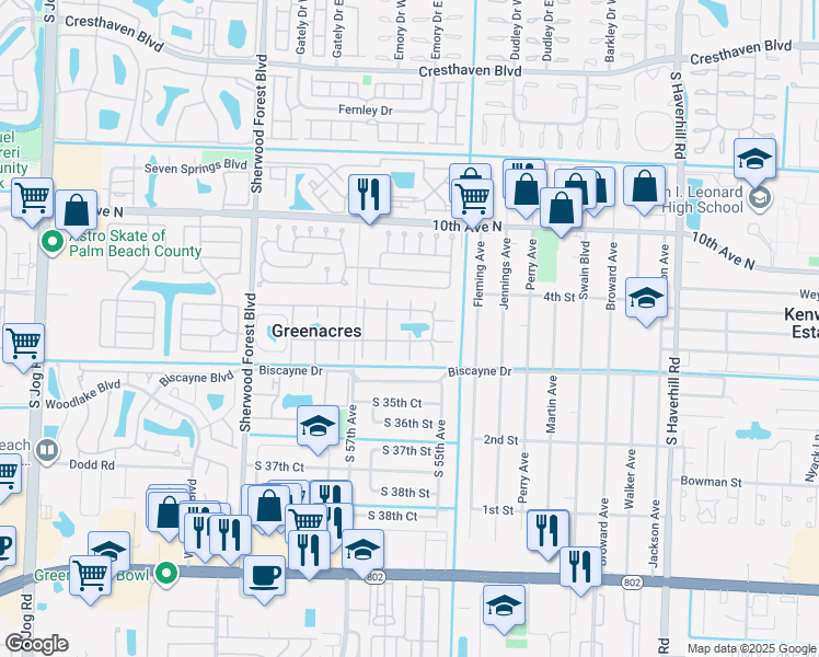 map of restaurants, bars, coffee shops, grocery stores, and more near 340 Pine Ridge Circle in Greenacres