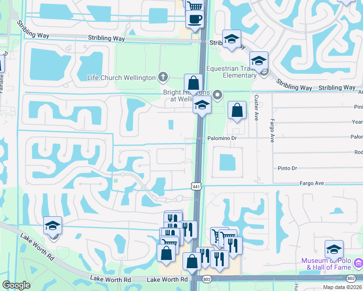 map of restaurants, bars, coffee shops, grocery stores, and more near 10480 Wellington Parc Drive in Wellington