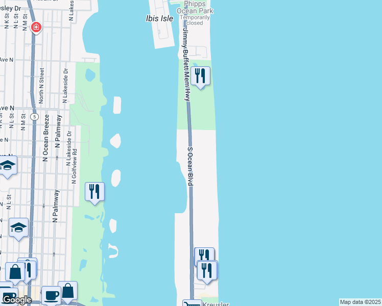 map of restaurants, bars, coffee shops, grocery stores, and more near 2560 South Ocean Boulevard in Palm Beach