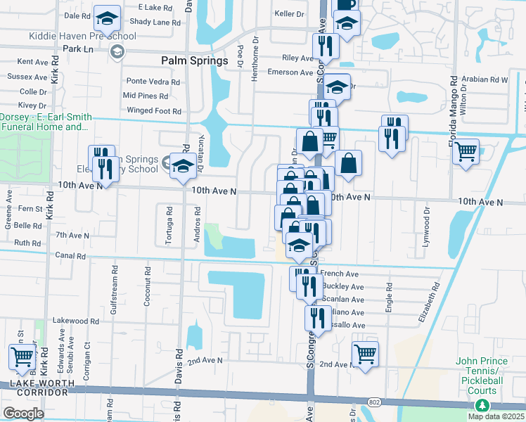 map of restaurants, bars, coffee shops, grocery stores, and more near 90 Abaco Drive in Palm Springs
