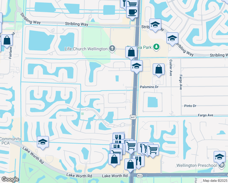 map of restaurants, bars, coffee shops, grocery stores, and more near 10306 Wellington Parc Drive in Wellington