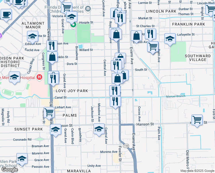 map of restaurants, bars, coffee shops, grocery stores, and more near 2705 Central Avenue in Fort Myers