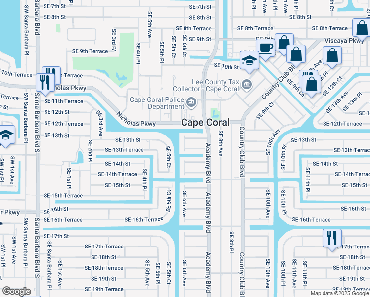 map of restaurants, bars, coffee shops, grocery stores, and more near 601 Southeast 13th Terrace in Cape Coral