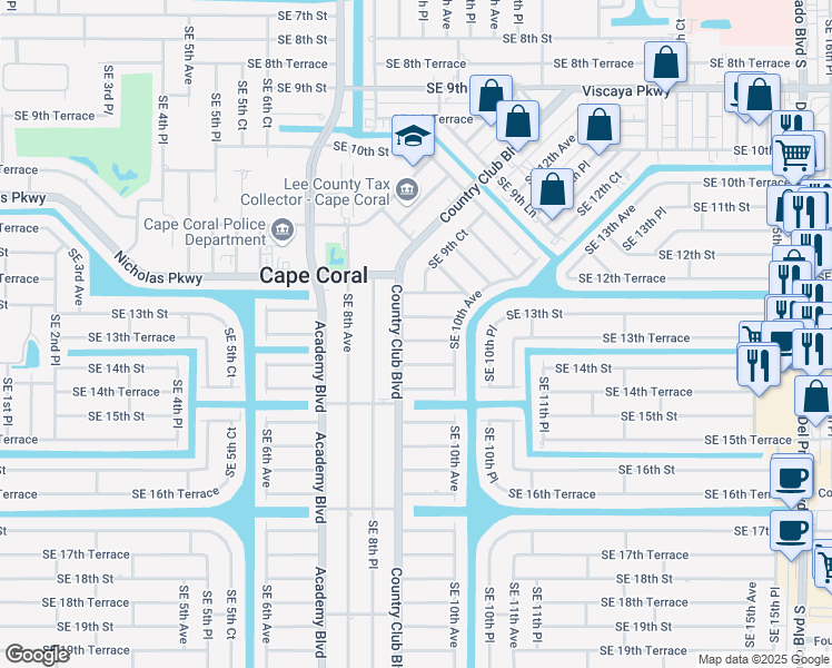 map of restaurants, bars, coffee shops, grocery stores, and more near 907 Southeast 13th Terrace in Cape Coral