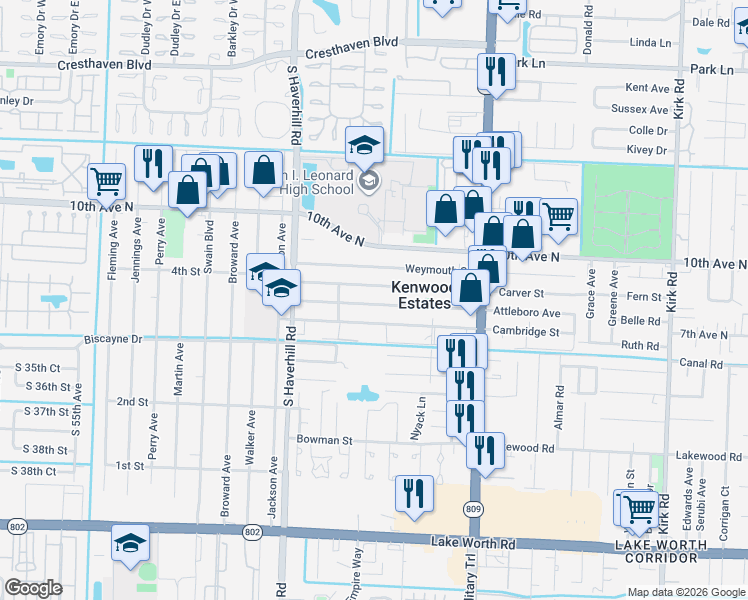 map of restaurants, bars, coffee shops, grocery stores, and more near 4785 Clinton Boulevard in Lake Worth