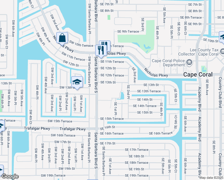 map of restaurants, bars, coffee shops, grocery stores, and more near 1333 Santa Barbara Boulevard in Cape Coral