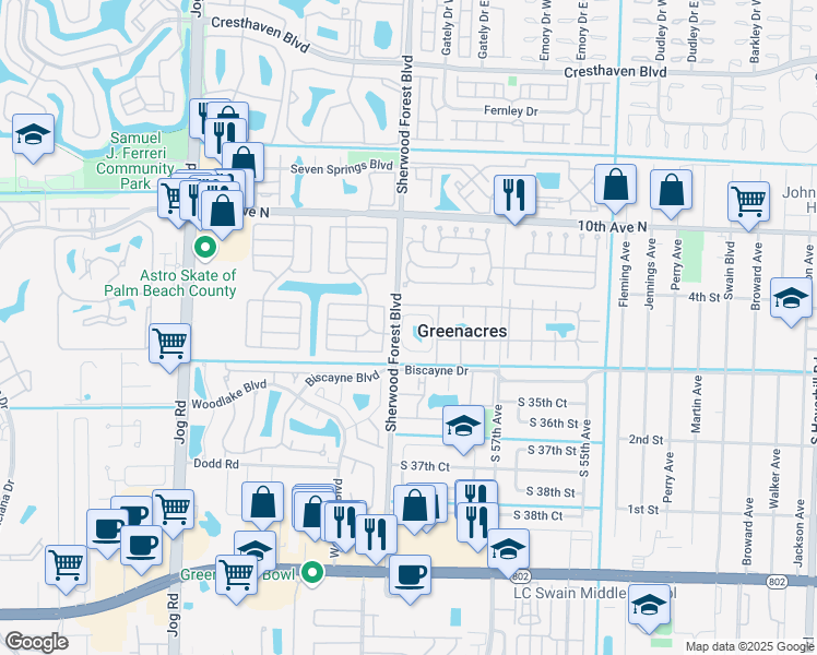 map of restaurants, bars, coffee shops, grocery stores, and more near 100 Nottingham Circle in Greenacres