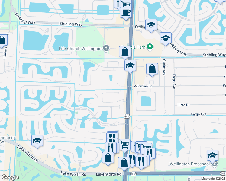 map of restaurants, bars, coffee shops, grocery stores, and more near 10444 Wellington Parc Drive in Wellington