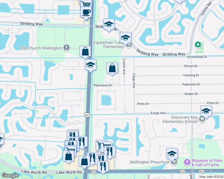 map of restaurants, bars, coffee shops, grocery stores, and more near 3613 Lago De Talavera in Wellington