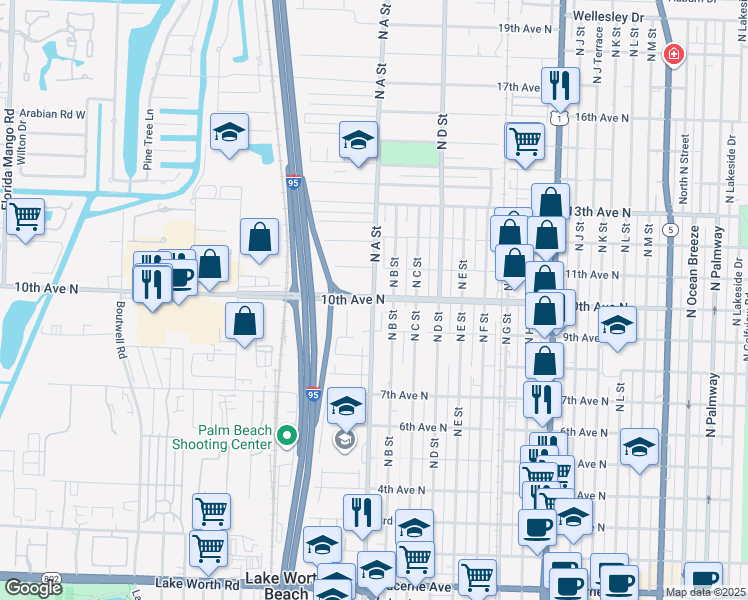map of restaurants, bars, coffee shops, grocery stores, and more near 10th Ave N & N A St in Lake Worth