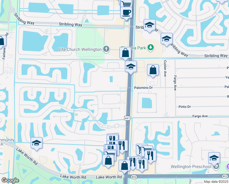 map of restaurants, bars, coffee shops, grocery stores, and more near 10396 Wellington Parc Drive in Wellington