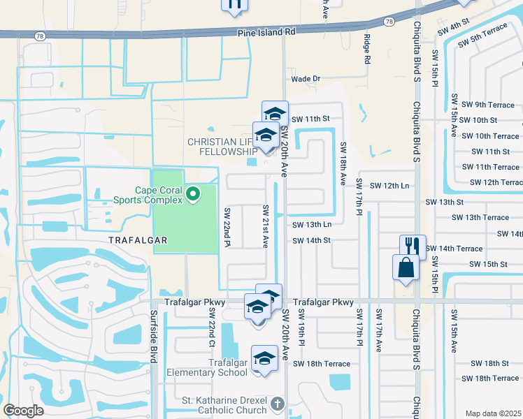 map of restaurants, bars, coffee shops, grocery stores, and more near 2100 Southwest 13th Street in Cape Coral