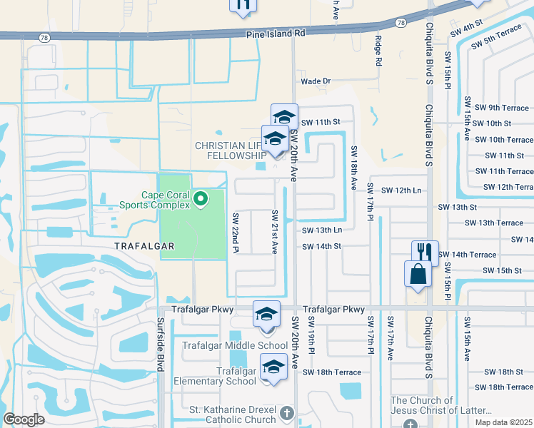 map of restaurants, bars, coffee shops, grocery stores, and more near 2106 Southwest 13th Street in Cape Coral