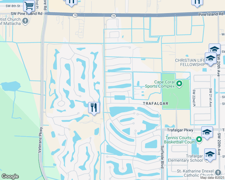 map of restaurants, bars, coffee shops, grocery stores, and more near 2641 Casibari Court in Cape Coral