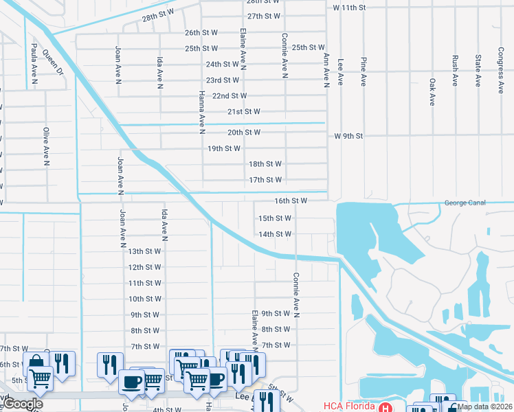 map of restaurants, bars, coffee shops, grocery stores, and more near 2619 16th Street West in Lehigh Acres