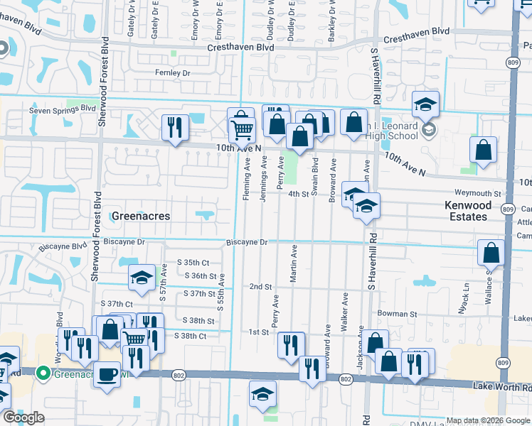 map of restaurants, bars, coffee shops, grocery stores, and more near 445 Jennings Avenue in Greenacres