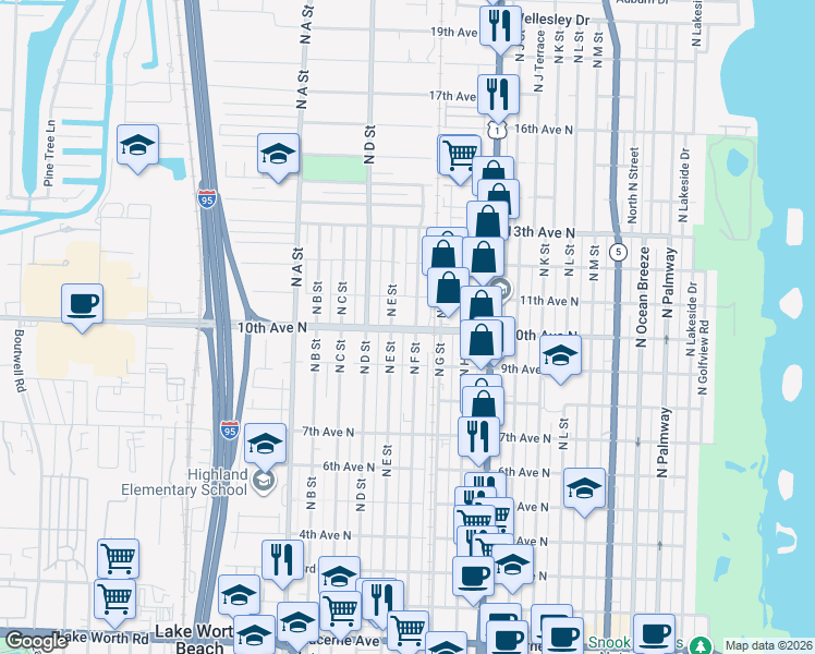 map of restaurants, bars, coffee shops, grocery stores, and more near 1006 North F Street in Lake Worth