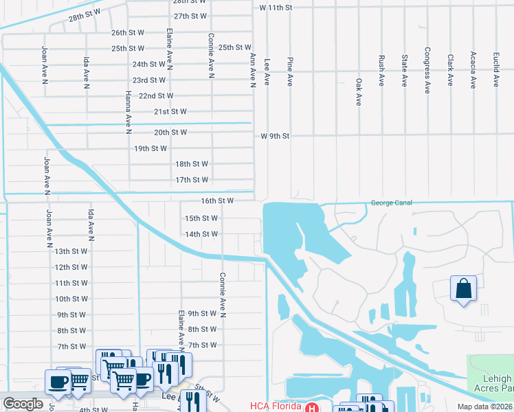 map of restaurants, bars, coffee shops, grocery stores, and more near 2503 16th Street West in Lehigh Acres