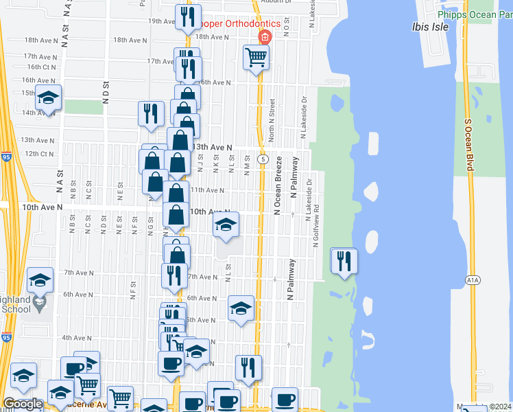 map of restaurants, bars, coffee shops, grocery stores, and more near 4 North Olive Avenue in Lake Worth