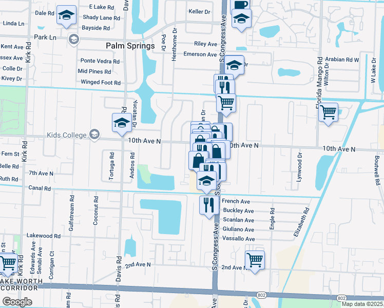 map of restaurants, bars, coffee shops, grocery stores, and more near 1104 Manor Drive in Palm Springs