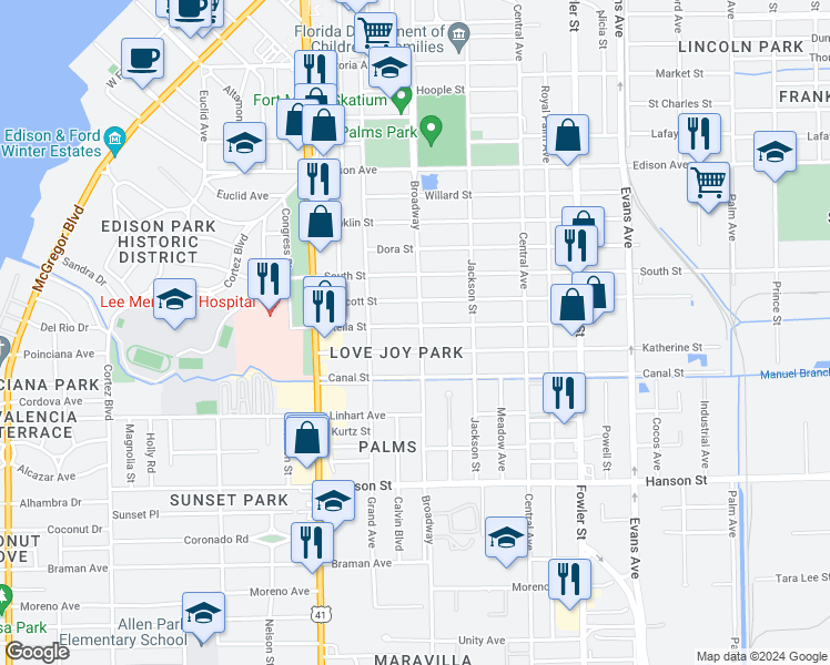map of restaurants, bars, coffee shops, grocery stores, and more near 2708 Broadway in Fort Myers