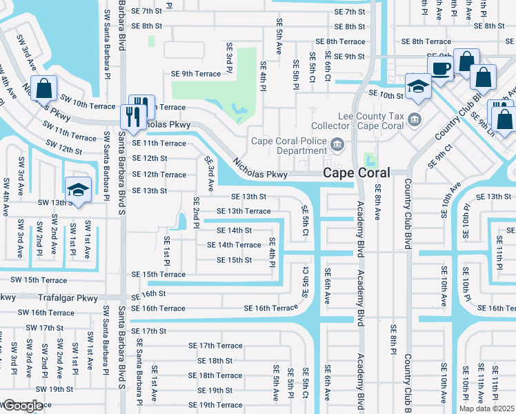map of restaurants, bars, coffee shops, grocery stores, and more near 415 Southeast 13th Terrace in Cape Coral