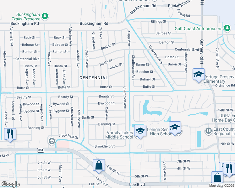 map of restaurants, bars, coffee shops, grocery stores, and more near 4906 Beauty Street in Lehigh Acres