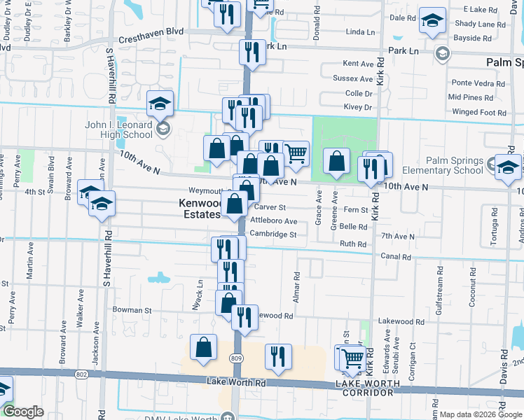 map of restaurants, bars, coffee shops, grocery stores, and more near 4422 Carver Street in Lake Worth