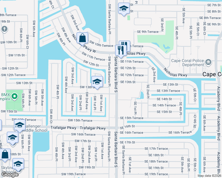 map of restaurants, bars, coffee shops, grocery stores, and more near 1301 Southwest Santa Barbara Place in Cape Coral