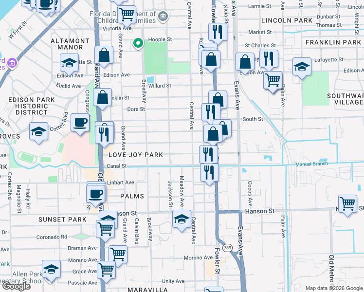 map of restaurants, bars, coffee shops, grocery stores, and more near 2340 Stella Street in Fort Myers