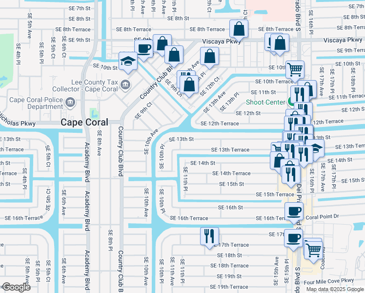 map of restaurants, bars, coffee shops, grocery stores, and more near 1127 Southeast 13th Terrace in Cape Coral