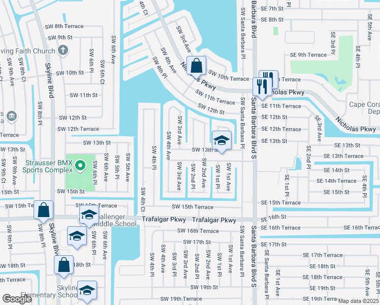 map of restaurants, bars, coffee shops, grocery stores, and more near 218 Southwest 13th Street in Cape Coral