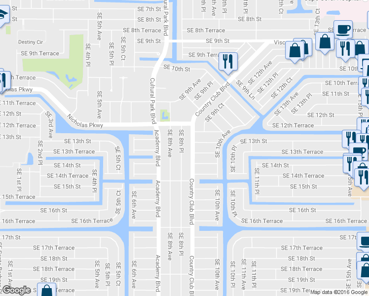 map of restaurants, bars, coffee shops, grocery stores, and more near 1301 Southeast 8th Place in Cape Coral