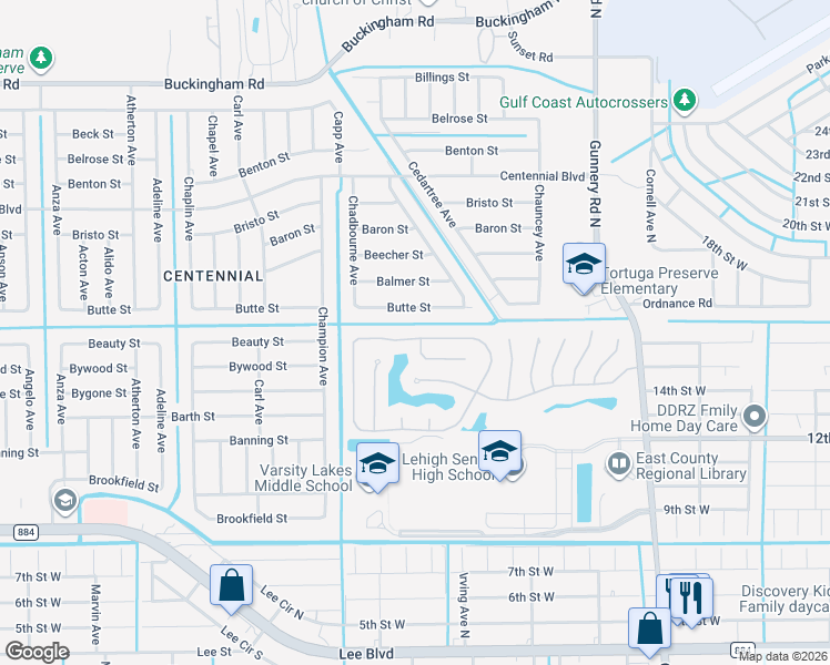 map of restaurants, bars, coffee shops, grocery stores, and more near 4584 Varsity Circle in Lehigh Acres