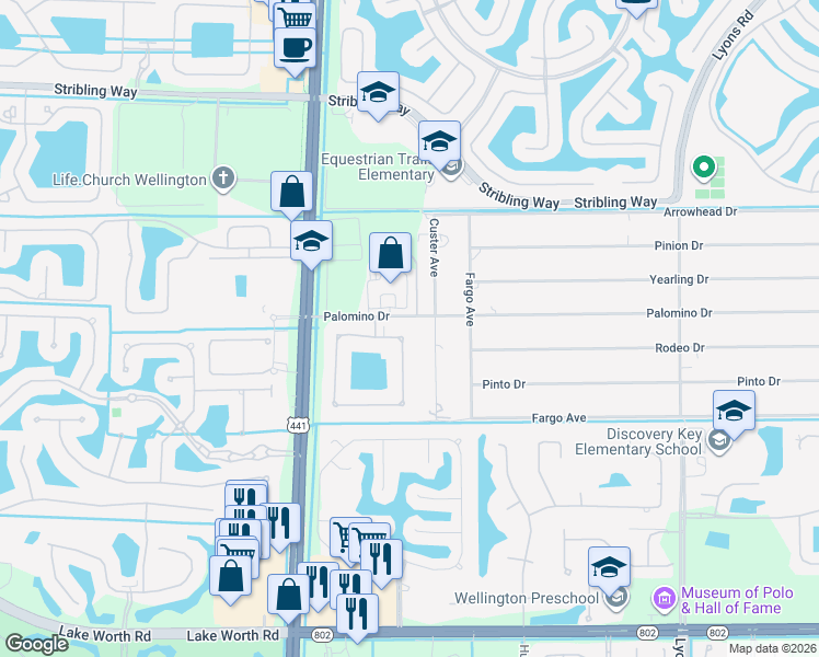 map of restaurants, bars, coffee shops, grocery stores, and more near 3613 Lago De Talavera in Wellington
