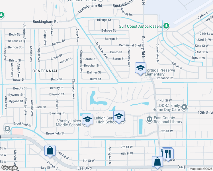 map of restaurants, bars, coffee shops, grocery stores, and more near 4560 Varsity Circle in Lehigh Acres