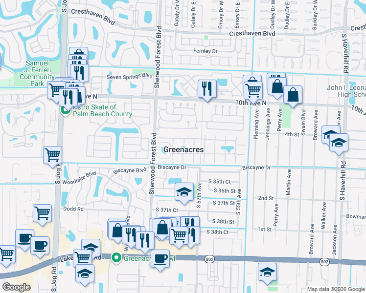 map of restaurants, bars, coffee shops, grocery stores, and more near 3486 La Palmas Court in Greenacres