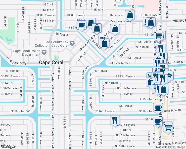 map of restaurants, bars, coffee shops, grocery stores, and more near 1301 Southeast 10th Place in Cape Coral